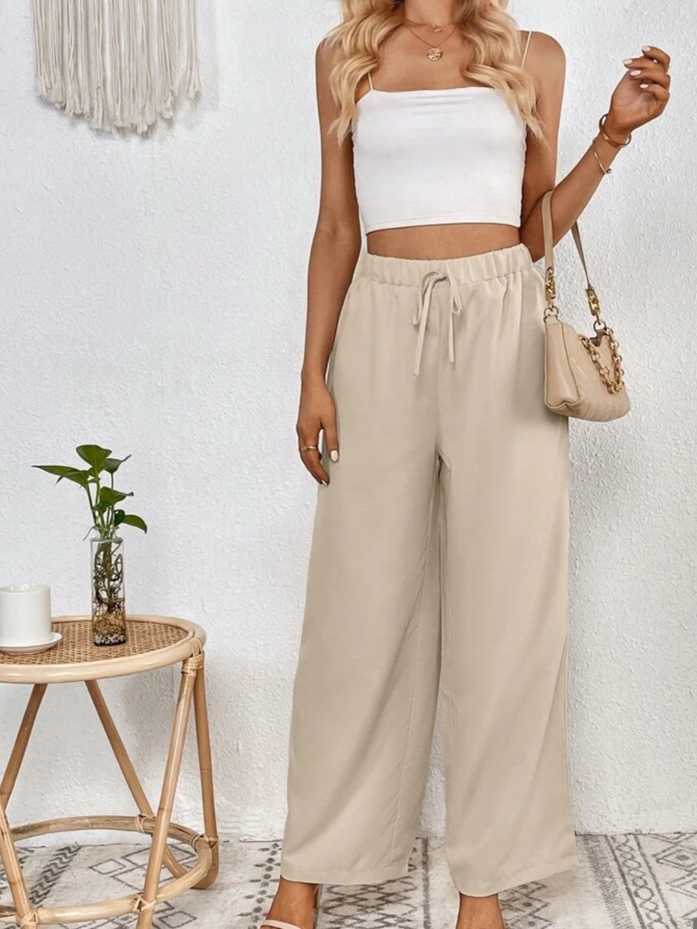Shein Size M Beige Pull-On Elastic Waist with Tie Wide Leg Dress Slacks Pants